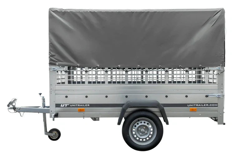Grande remorque 230×125 avec bâche haute grise, ridelles grillagées et roue jockey – Garden Trailer 230 KIPP