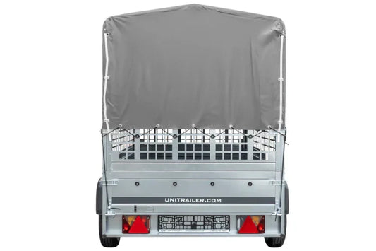 Grande remorque 230×125 avec bâche haute grise, ridelles grillagées et roue jockey – Garden Trailer 230 KIPP