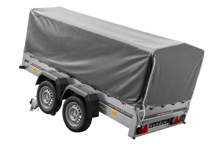 REMORQUE DOUBLE ESSIEUX UNITRAILER 264/2 KIPP AVEC ROUE JOCKEY, ARCEAU ET bâche GRISE