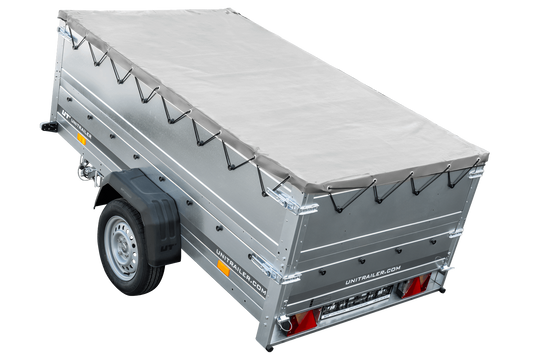 Grande remorque 230×125 avec bâche plate grise, rehausses de ridelles et roue jockey – Garden Trailer 230 KIPP