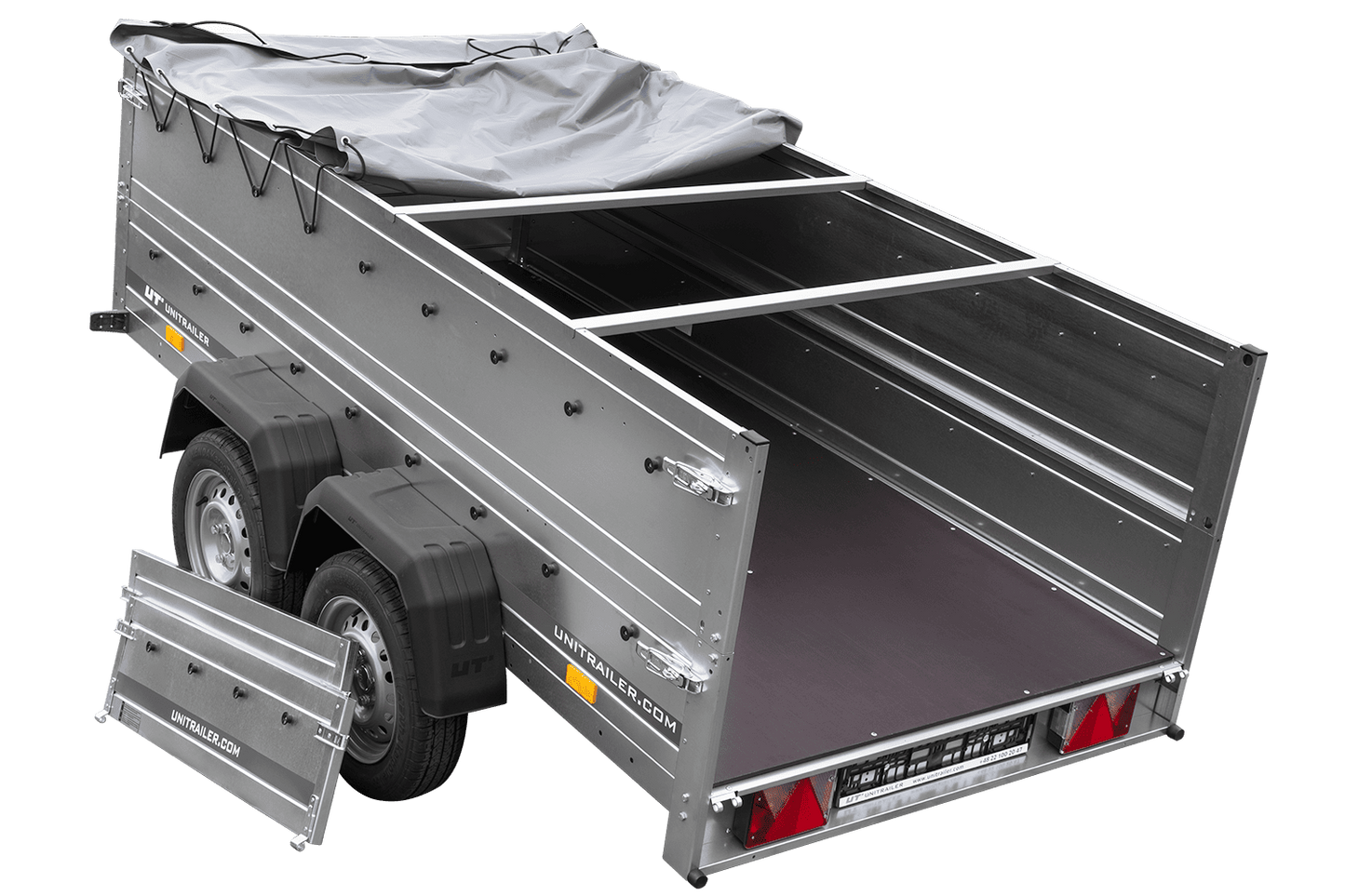 GARDEN TRAILER 264/2 KIPP remorque à deux essieux avec roue jockey, châssis H-0, ridelles BIS et bâche plate grise