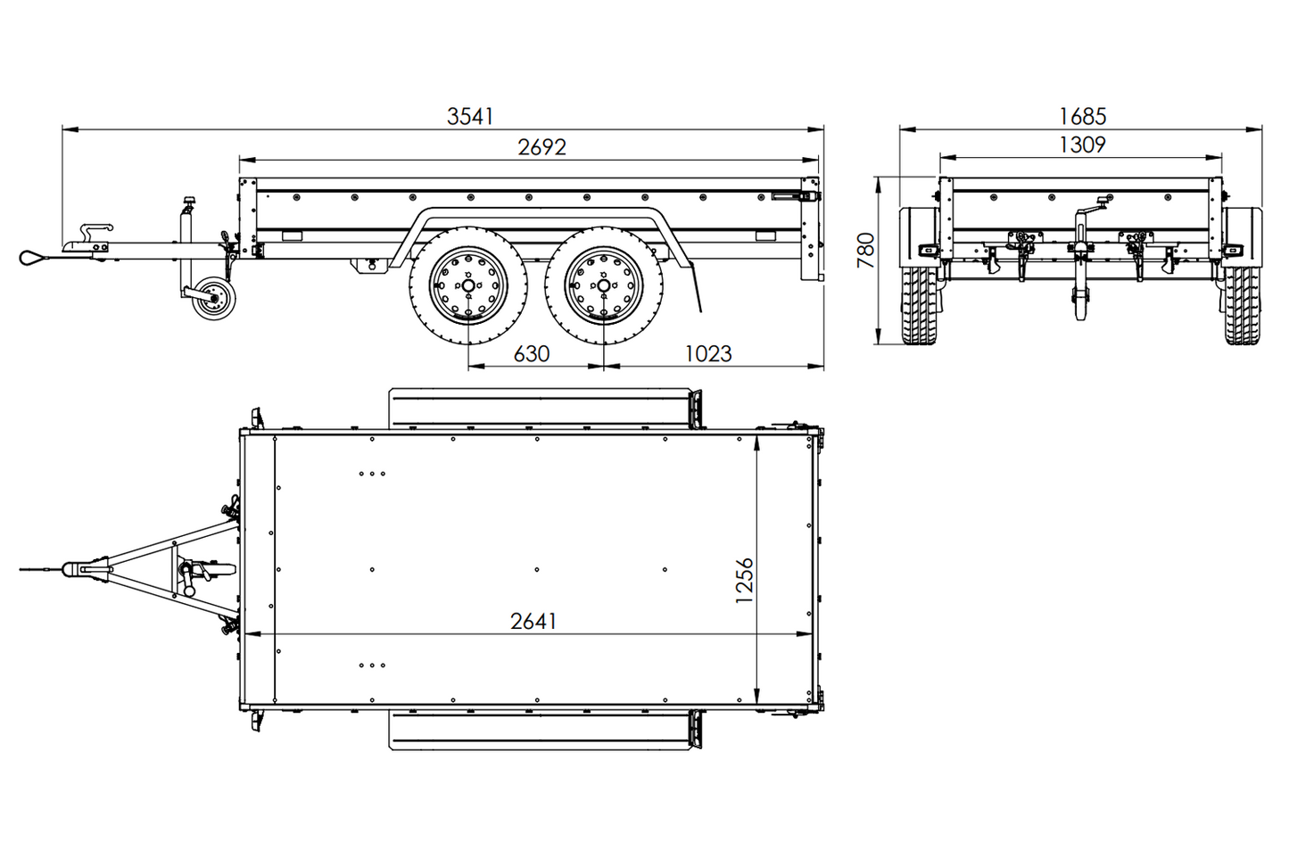 GARDEN TRAILER 264/2 KIPP remorque à deux essieux avec roue jockey, tiges de support, ridelles supplémentaires et bâche plate bleue