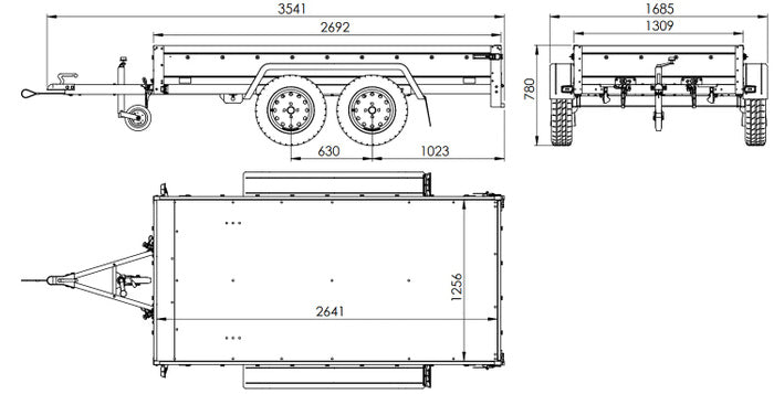 REMORQUE DOUBLE ESSIEUX UNITRAILER 264/2 KIPP AVEC ROUE JOCKEY, ARCEAU ET bâche GRISE