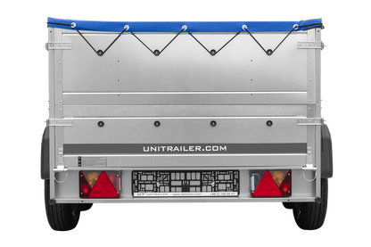 GARDEN TRAILER 264/2 KIPP remorque à deux essieux avec roue jockey, tiges de support, ridelles supplémentaires et bâche plate bleue