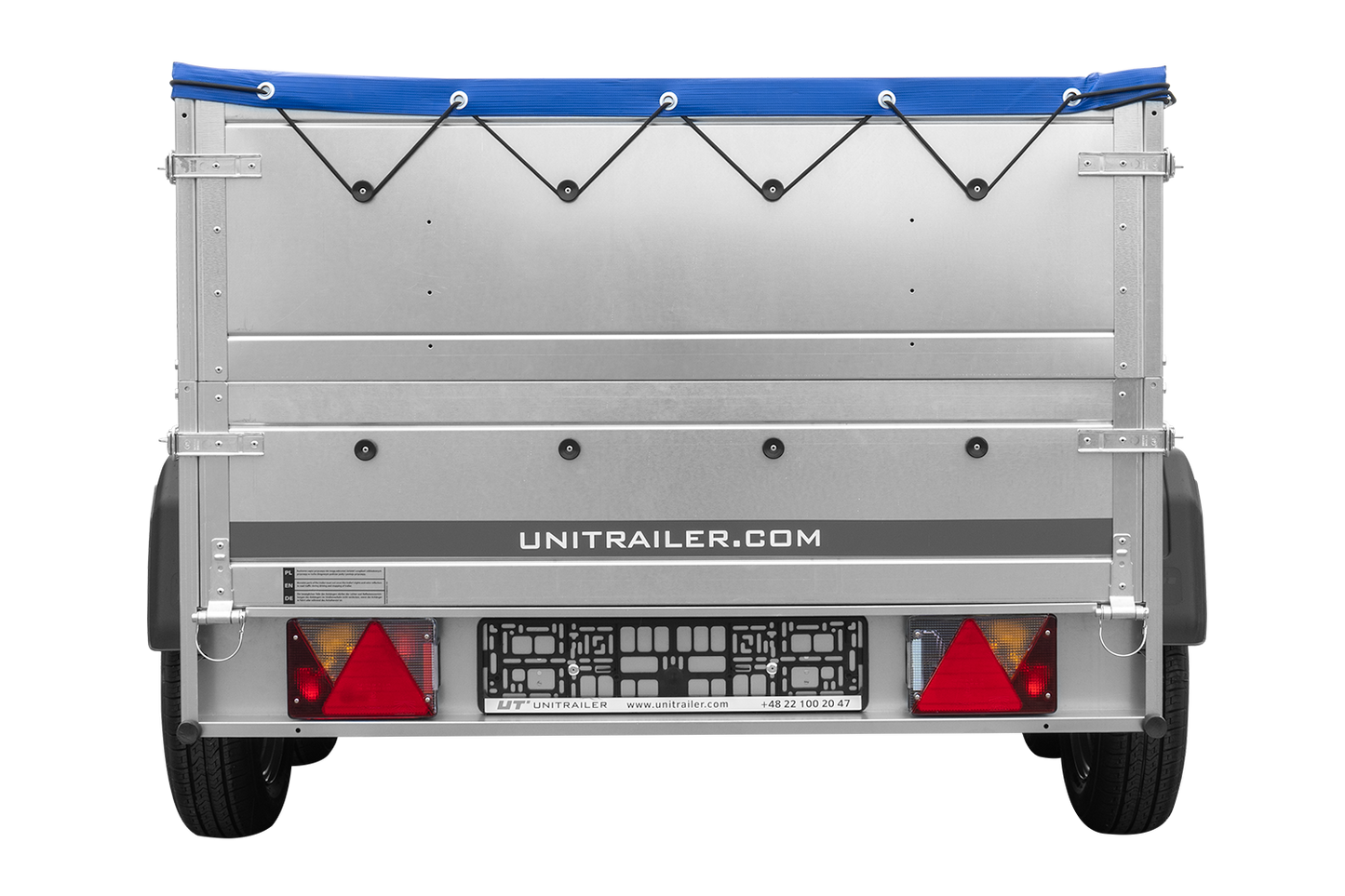 GARDEN TRAILER 264/2 KIPP remorque à deux essieux avec roue jockey, tiges de support, ridelles supplémentaires et bâche plate bleue