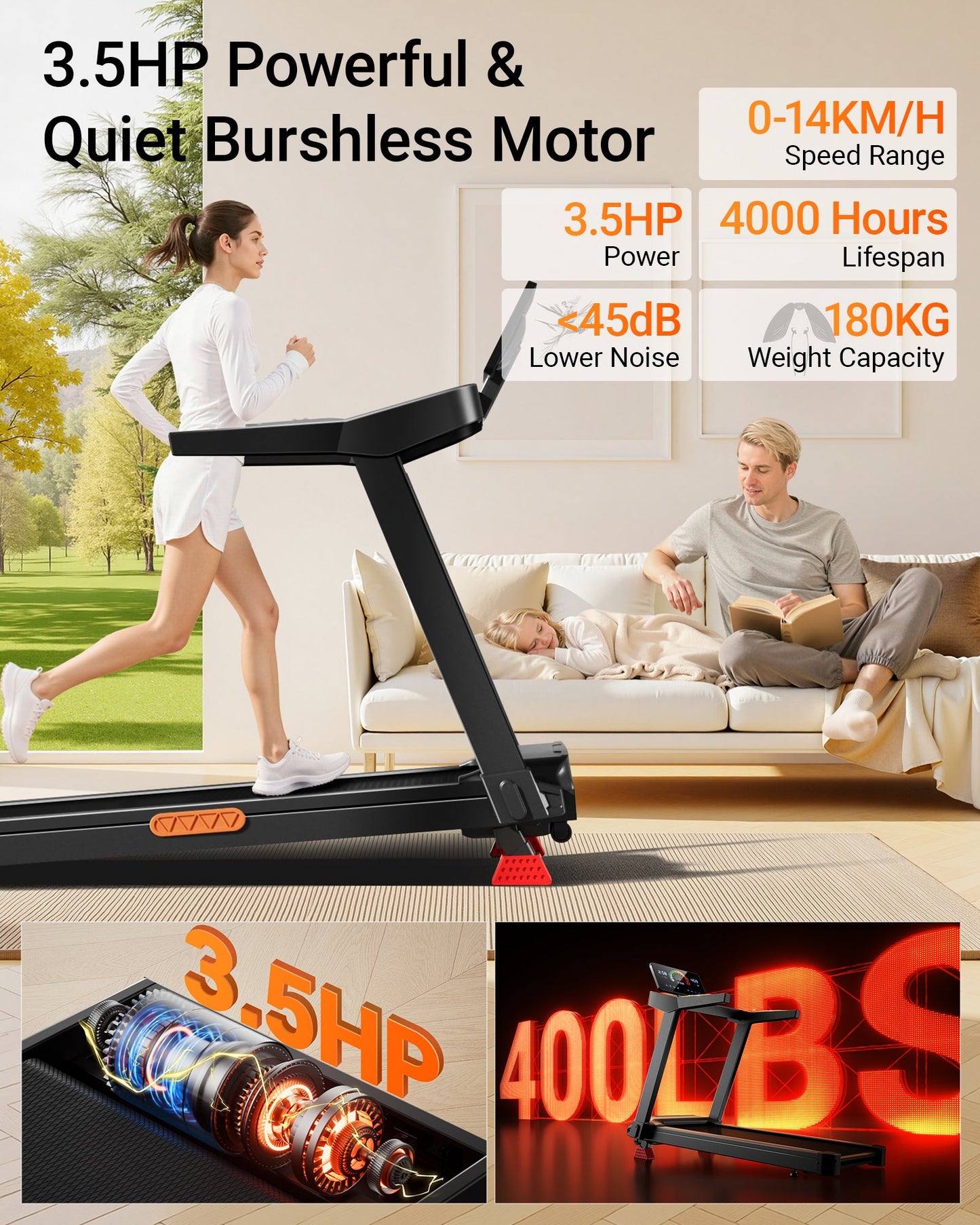 3.5HP Powerful 8 Quiet Burshless Motor_Umay L20 Foldable Treadmill with 20% Manual Incline, 14KMH & 180KG Capacity
