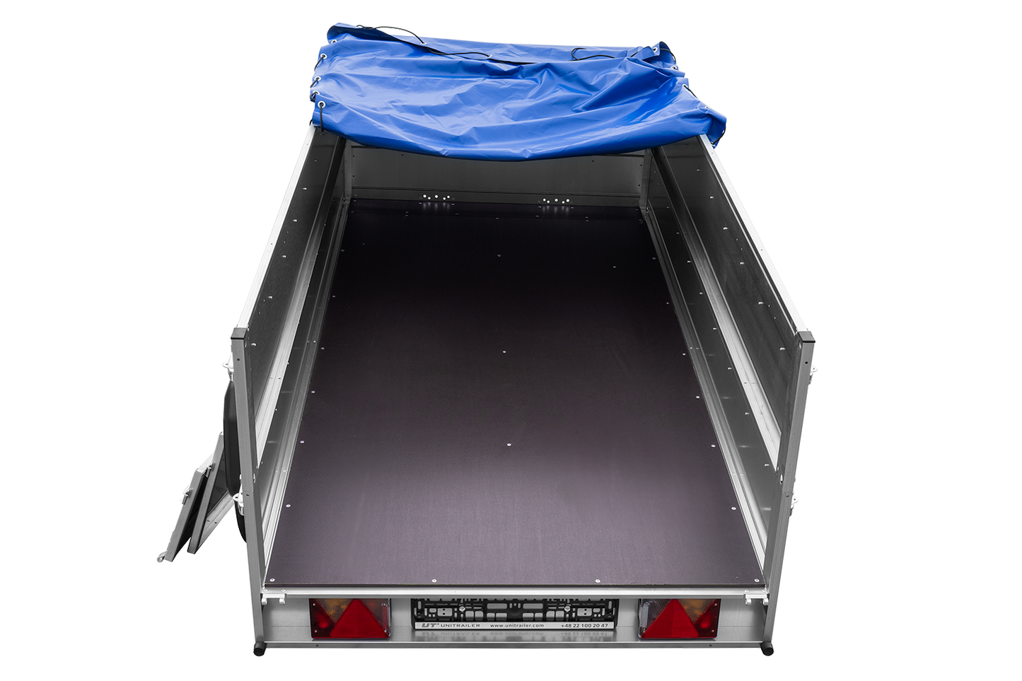 GARDEN TRAILER 264/2 KIPP remorque à deux essieux avec roue jockey, tiges de support, ridelles supplémentaires et bâche plate bleue