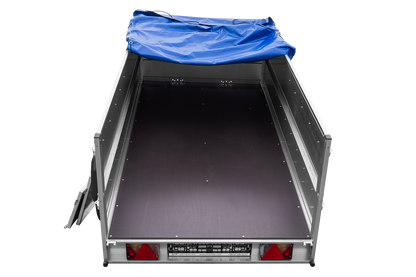 GARDEN TRAILER 264/2 KIPP remorque à deux essieux avec roue jockey, tiges de support, ridelles supplémentaires et bâche plate bleue