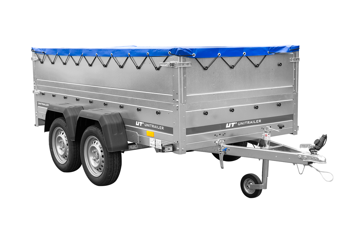 GARDEN TRAILER 264/2 KIPP remorque à deux essieux avec roue jockey, tiges de support, ridelles supplémentaires et bâche plate bleue