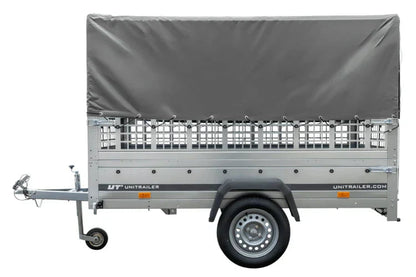 Grande remorque 230×125 avec bâche haute grise, ridelles grillagées et roue jockey – Garden Trailer 230 KIPP