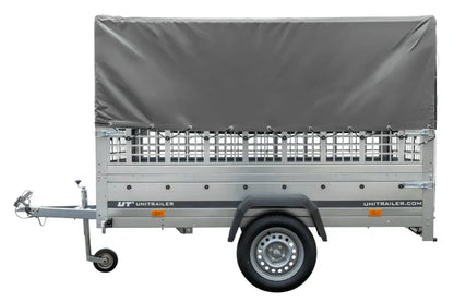 Grande remorque 230×125 avec bâche haute grise, ridelles grillagées et roue jockey – Garden Trailer 230 KIPP