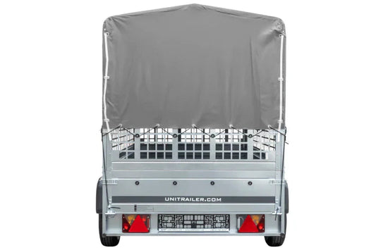 Grande remorque 230×125 avec bâche haute grise, ridelles grillagées et roue jockey – Garden Trailer 230 KIPP