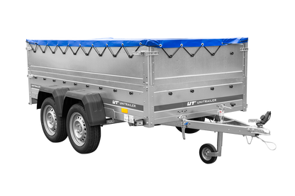 GARDEN TRAILER 264/2 KIPP remorque à deux essieux avec roue jockey, tiges de support, ridelles supplémentaires et bâche plate bleue