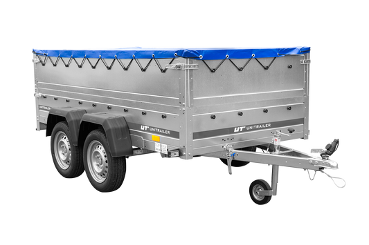 GARDEN TRAILER 264/2 KIPP remorque à deux essieux avec roue jockey, tiges de support, ridelles supplémentaires et bâche plate bleue