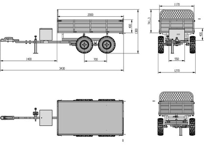 Remorque double essieu 4 roues 1400kg benne galvanisée basculante hydraulique 2000x1170x400mm Torros - 7