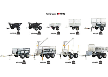 Remorque double essieu 4 roues 1400kg benne galvanisée basculante hydraulique 2000x1170x400mm Torros - 8