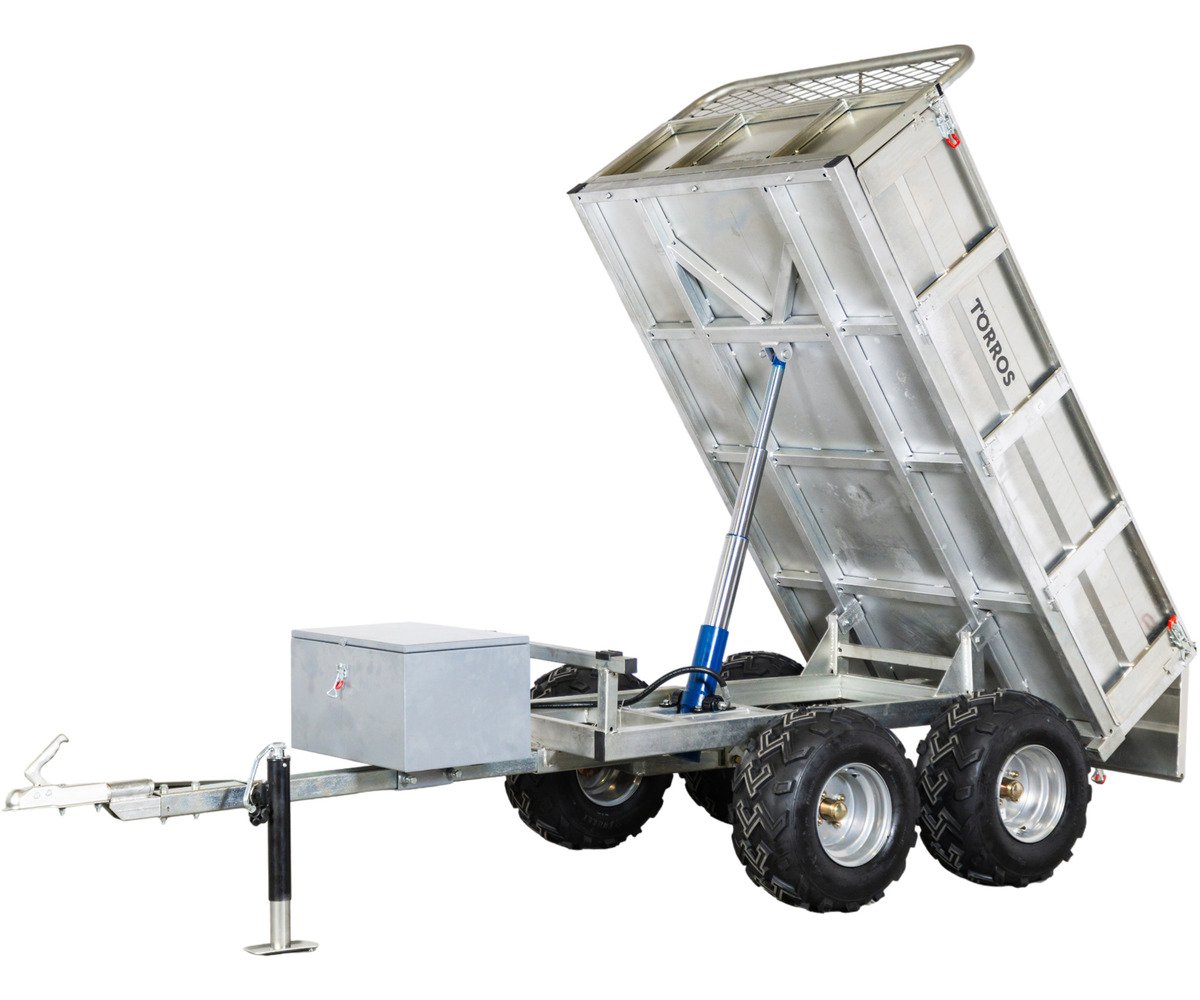 Remorque double essieu 4 roues 1400kg benne galvanisée basculante hydraulique 2000x1170x400mm Torros