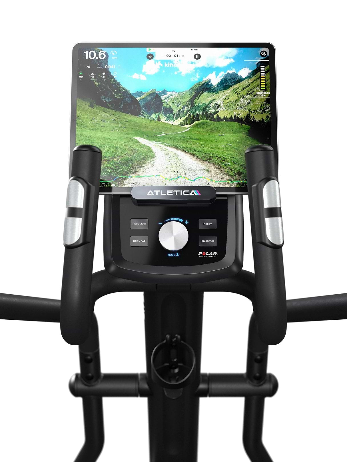 Vélo elliptique Crossfold - écran avec image de paysage, panneau de commande et poignées fixes