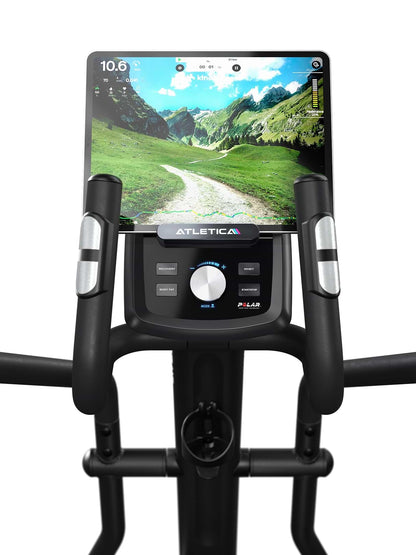 Vélo elliptique Crossfold - écran avec image de paysage, panneau de commande et poignées fixes
