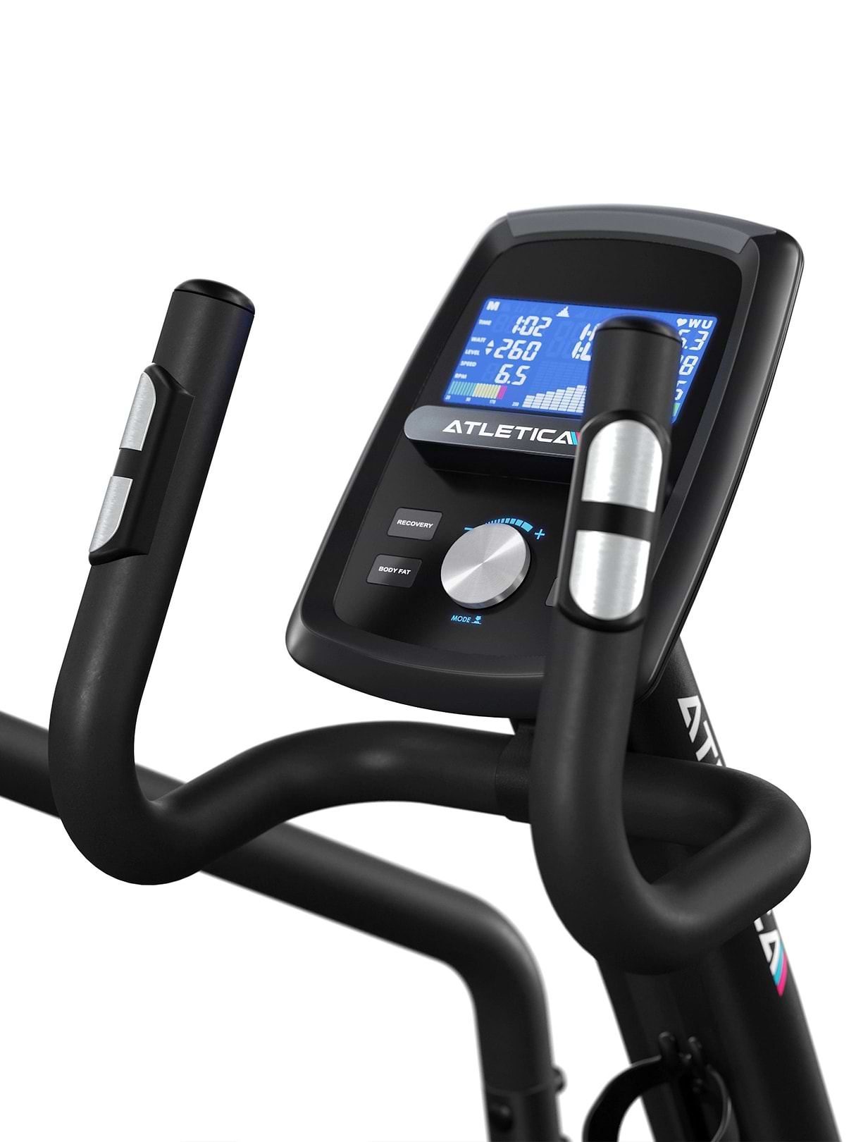 Vélo elliptique Crossfold - gros plan sur la console d'affichage et les poignées fixes