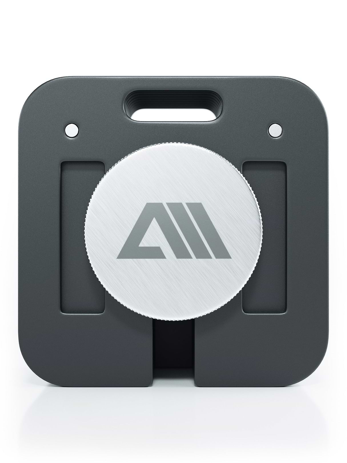QUAD - base noire avec molette argentée, logo au centre, poignée de transport en haut