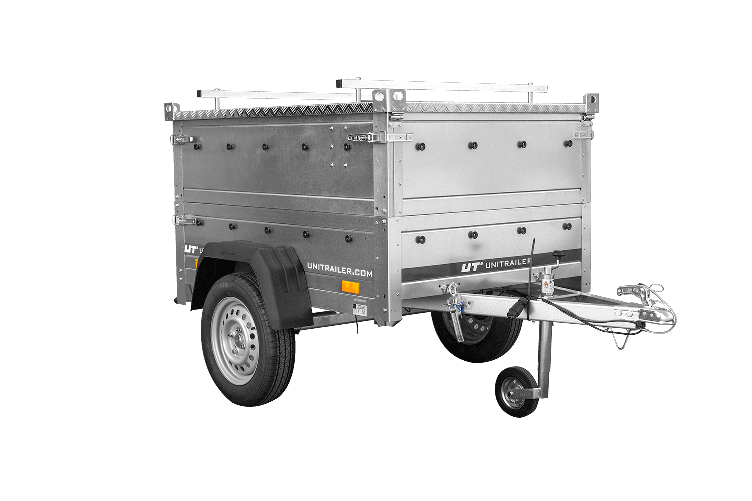 Remorque un essieu 150x106 UNITRAILER GARDEN 150 KIPP avec côtés, ridelles supplementaires et capot en aluminium