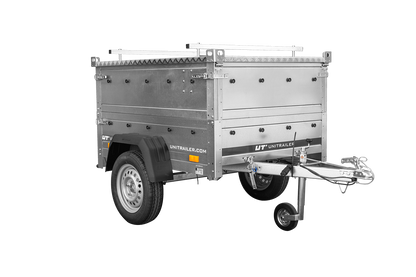 Remorque un essieu 150x106 UNITRAILER GARDEN 150 KIPP avec côtés, ridelles supplementaires et capot en aluminium