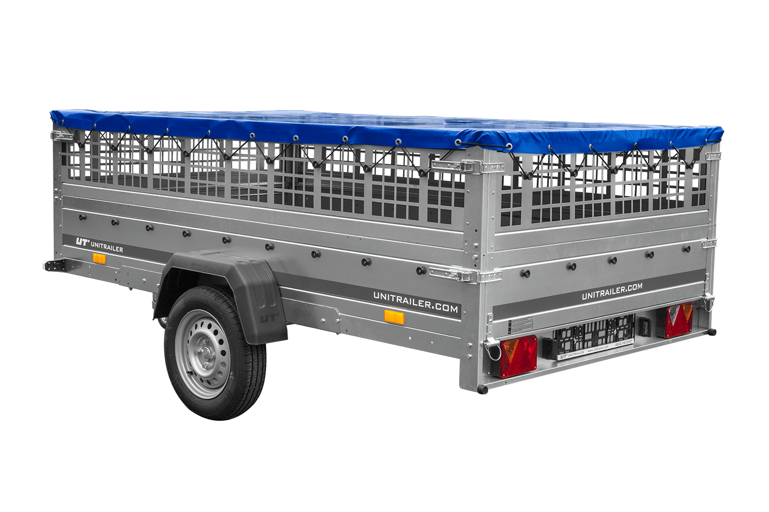 Remorque légère 264x150 UNITRAILER GARDEN 265 KIPP avec ridelles grillagées, châssis H-0 et bâche bleue