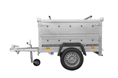 Remorque un essieu 150x106 UNITRAILER GARDEN 150 KIPP avec côtés, ridelles supplementaires et capot en aluminium
