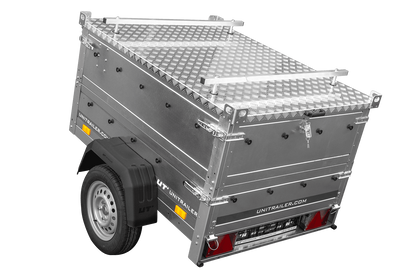 Remorque un essieu 150x106 UNITRAILER GARDEN 150 KIPP avec côtés, ridelles supplementaires et capot en aluminium