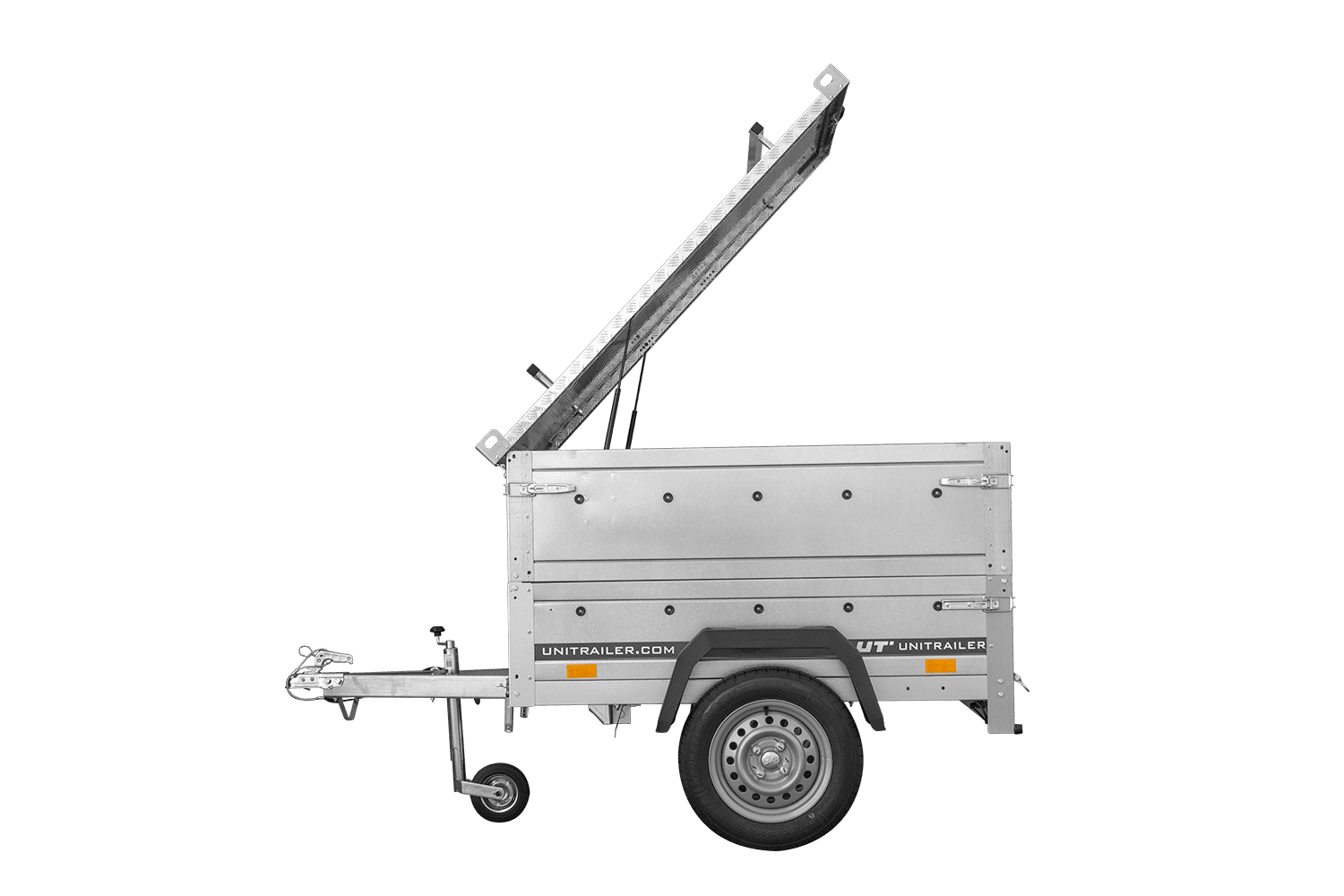 Remorque un essieu 150x106 UNITRAILER GARDEN 150 KIPP avec côtés, ridelles supplementaires et capot en aluminium