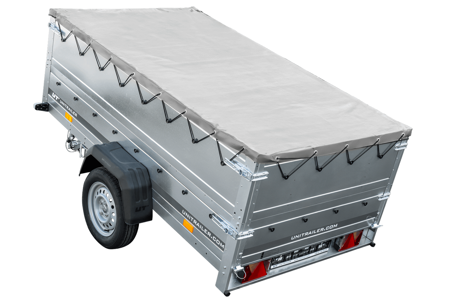 Grande remorque 230×125 avec bâche plate grise, rehausses de ridelles et roue jockey – Garden Trailer 230 KIPP