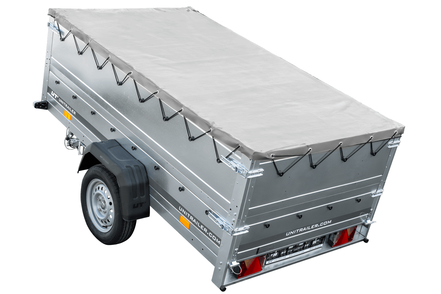 Grande remorque 230×125 avec bâche plate grise, rehausses de ridelles et roue jockey – Garden Trailer 230 KIPP