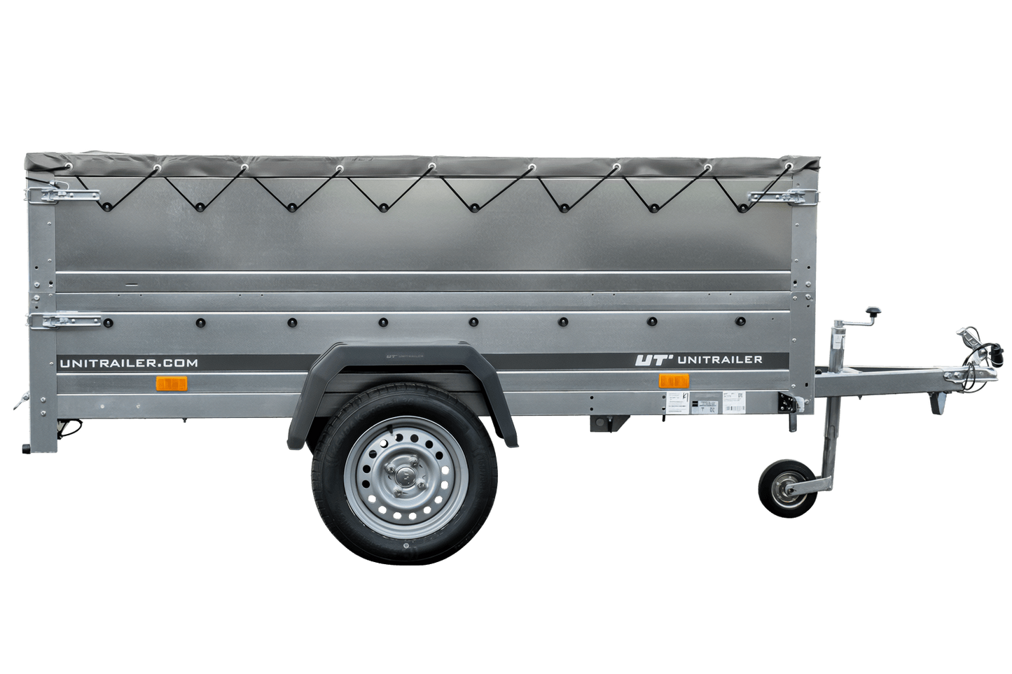 Grande remorque 230×125 avec bâche plate grise, rehausses de ridelles et roue jockey – Garden Trailer 230 KIPP
