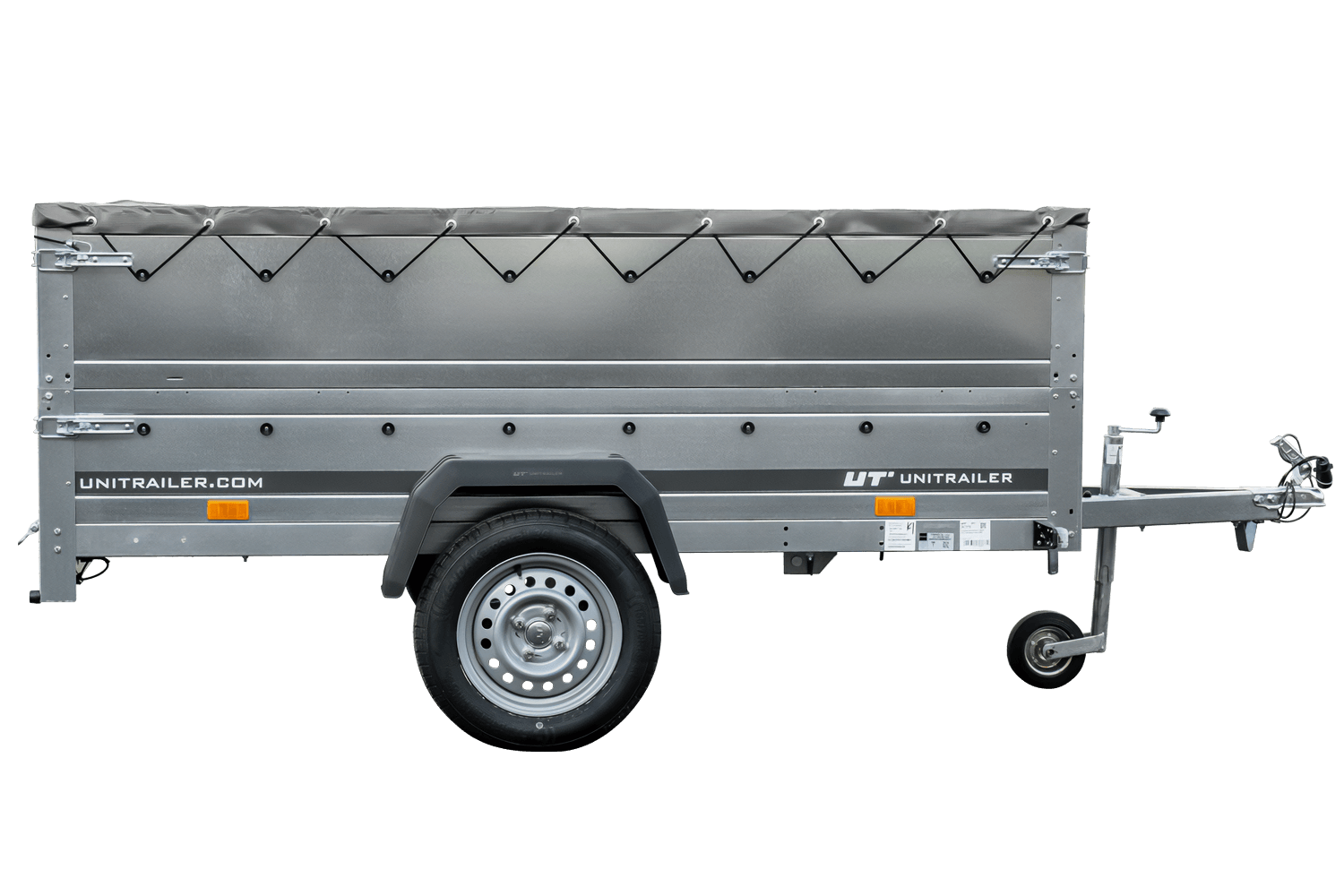 Grande remorque 230×125 avec bâche plate grise, rehausses de ridelles et roue jockey – Garden Trailer 230 KIPP