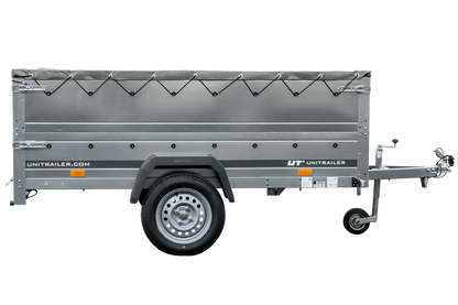 Grande remorque 230×125 avec bâche plate grise, rehausses de ridelles et roue jockey – Garden Trailer 230 KIPP