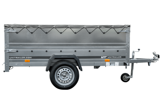 Grande remorque 230×125 avec bâche plate grise, rehausses de ridelles et roue jockey – Garden Trailer 230 KIPP