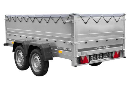 GARDEN TRAILER 264/2 KIPP remorque à deux essieux avec roue jockey, châssis H-0, ridelles BIS et bâche plate grise