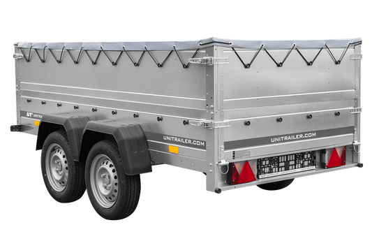 GARDEN TRAILER 264/2 KIPP remorque à deux essieux avec roue jockey, châssis H-0, ridelles BIS et bâche plate grise