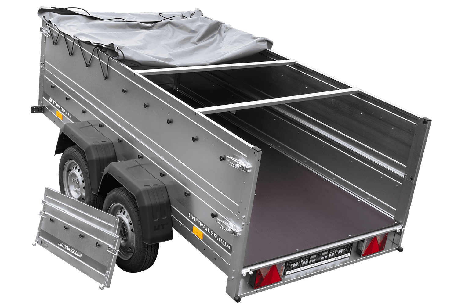 GARDEN TRAILER 264/2 KIPP remorque à deux essieux avec roue jockey, châssis H-0, ridelles BIS et bâche plate grise